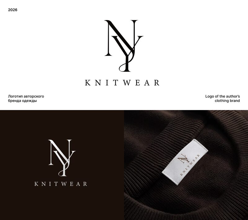 Логотип NY Knitwear на белом и тёмном фоне, рядом — тканевая бирка, вшитая в горловину свитера